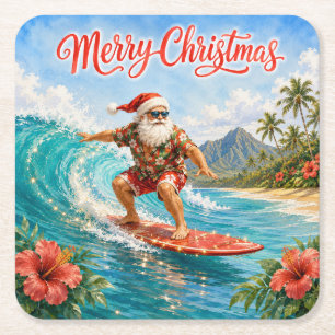 Porta-copo De Papel Quadrado Feliz Natal Papai Noel Havaiano de Surf