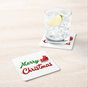 Porta-copo De Papel Quadrado Feliz Natal Papais noeis Sleigh red green script