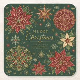 Porta-copo De Papel Quadrado Feliz Natal Poinsettia Mandala Ornamentada