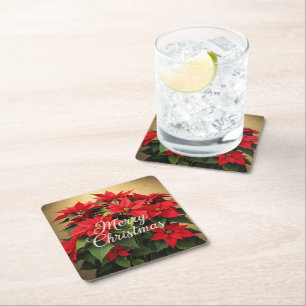 Porta-copo De Papel Quadrado Feliz Natal Poinsettias Vermelhas