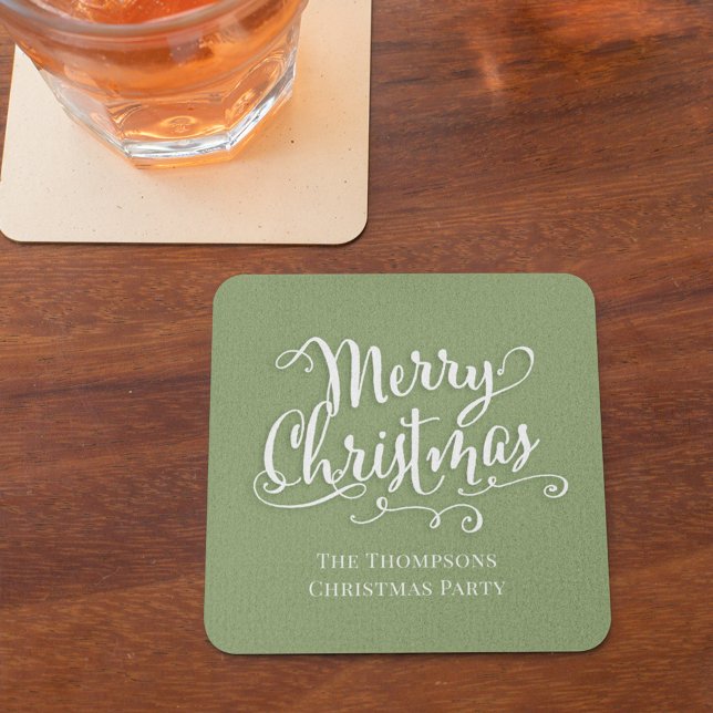 Porta-copo De Papel Quadrado Feliz Natal - Script de Caligrafia Simples Verde (Merry Christmas green white lettering calligraphy paper coaster)