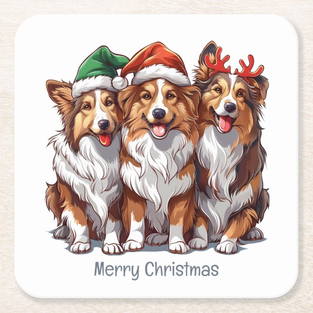 Porta-copo De Papel Quadrado Feliz Natal Shetland Sheepdog (Frente)