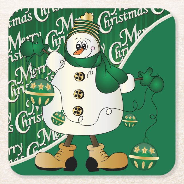 Porta-copo De Papel Quadrado Feliz Natal Verde Snowman (Frente)
