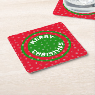 Porta-copo De Papel Quadrado Feliz Natal Vermelho Verde e Flocos de Neve 