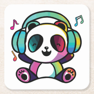 Porta-copo De Papel Quadrado Feliz Panda com fones de ouvido ouvindo música.