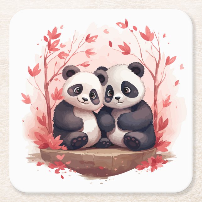 Porta-copo De Papel Quadrado Feliz Panda Junto (Frente)