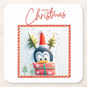 Porta-copo De Papel Quadrado Feliz Pinguim de Natal