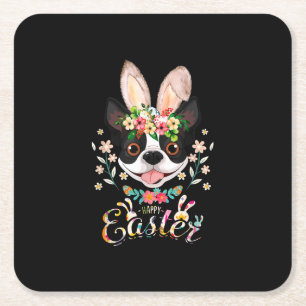 Porta-copo De Papel Quadrado Felz pascoa Bunny Boston Terrier sobe com leste