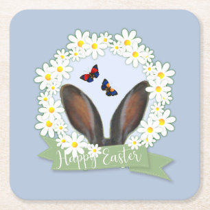 Porta-copo De Papel Quadrado Felz pascoa Bunny Ears Daisies Wreath