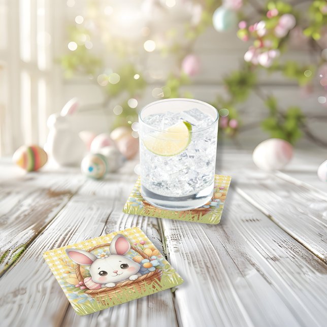 Porta-copo De Papel Quadrado Felz pascoa vibrante em fundo amarelo (Vibrant Happy Easter in a Yellow background Square Paper Coaster)