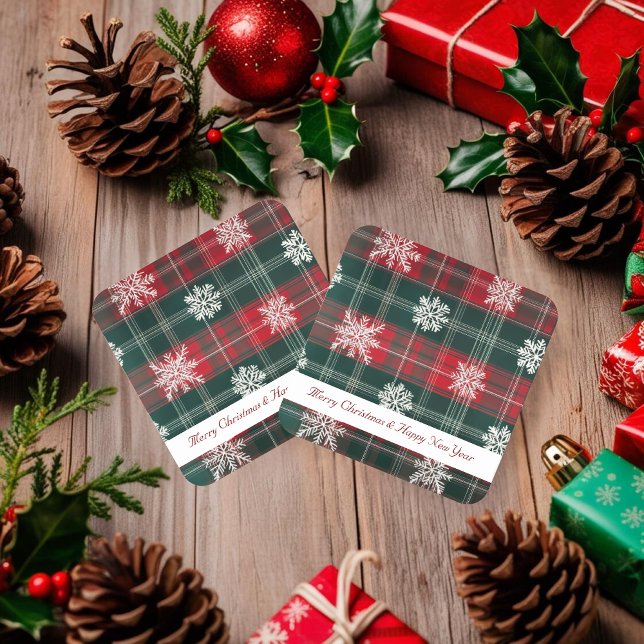 Porta-copo De Papel Quadrado Feriados Rustic Red and Green Snowflakes (Rustic Red and Green Snowflakes pattern Holidays Square Paper Coaster)