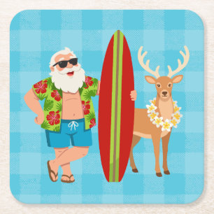 Porta-copo De Papel Quadrado Férias Tropicais Havaianas do Papai Noel Surfista