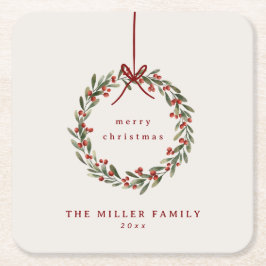 Porta-copo De Papel Quadrado Ferida foliar de Natal com arco vermelho