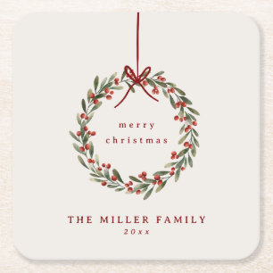 Porta-copo De Papel Quadrado Ferida foliar de Natal com arco vermelho