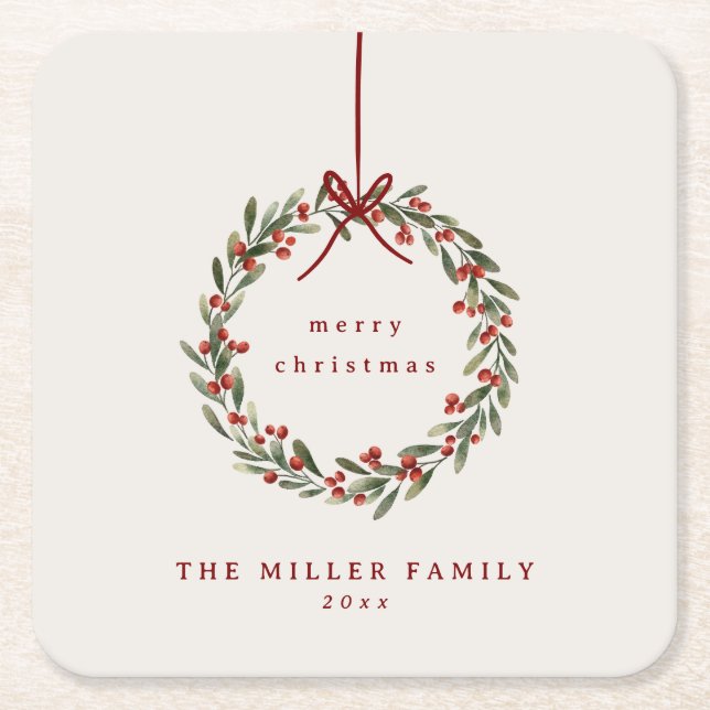 Porta-copo De Papel Quadrado Ferida foliar de Natal com arco vermelho (Frente)