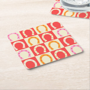 Porta-copo De Papel Quadrado Ferradura Xadrez Retro em Laranja Vermelho e Rosa