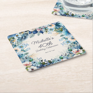 Porta-copo De Papel Quadrado Festa de 40 anos Navy Dusty Blue Floral