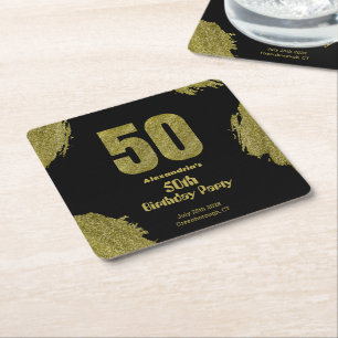 Porta-copo De Papel Quadrado Festa de 50 anos com brilho dourado e preto