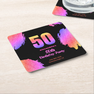 Porta-copo De Papel Quadrado Festa de 50 anos, neon pink glitter