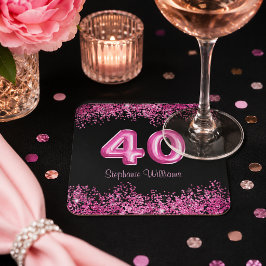 Porta-copo De Papel Quadrado Festa de Aniversário de 40 Anos Rosa Brilhante e P