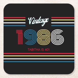 Porta-copo De Papel Quadrado Festa de Aniversário de 40 anos Vintage 1986 Retro