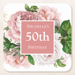 Porta-copo De Papel Quadrado Festa de Aniversário de 50 Anos com Floral Rosa Vi