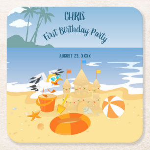 Porta-copo De Papel Quadrado Festa de aniversário de bebê menino na praia com c