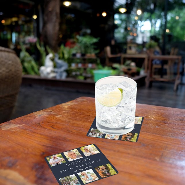 Porta-copo De Papel Quadrado Festa de aniversário de colagem azul (Criador carregado)