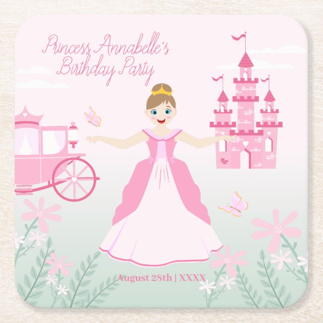 Porta-copo De Papel Quadrado Festa de aniversário de Fantasia Princesa Rosa (Frente)