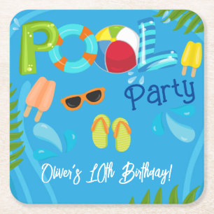 Porta-copo De Papel Quadrado Festa de Aniversário de Verão do Menino na Piscina