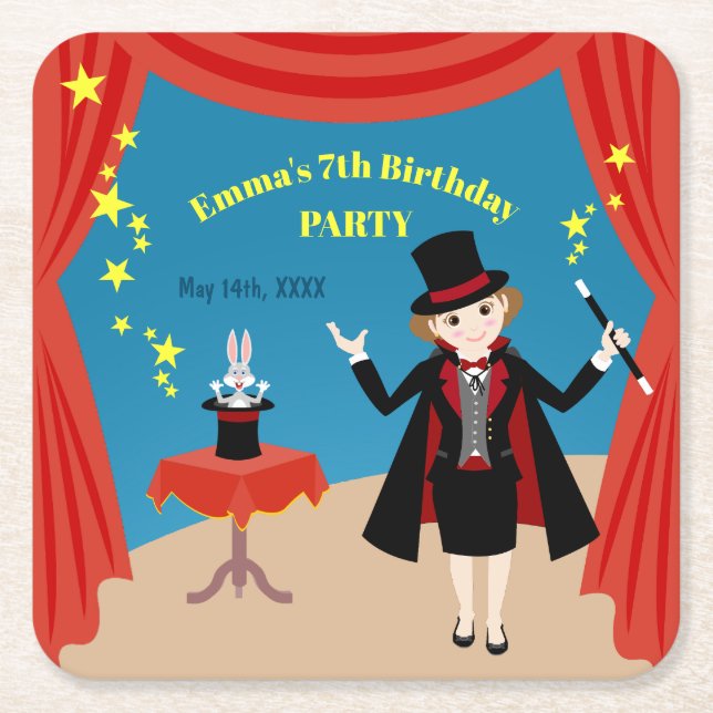 Porta-copo De Papel Quadrado Festa de Aniversário do Mago (Frente)