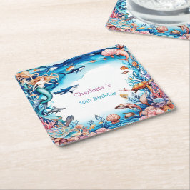 Porta-copo De Papel Quadrado festa de aniversário do mar arco-íris da sereia