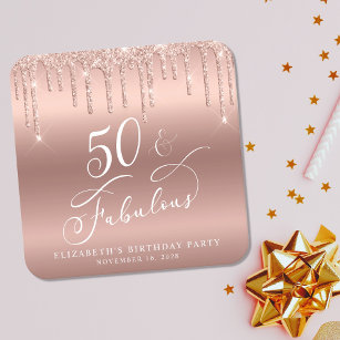 Porta-copo De Papel Quadrado Festa de aniversário Dourada Glitter 50ª rosa