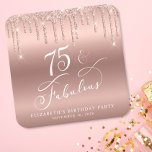 Porta-copo De Papel Quadrado Festa de aniversário Dourada Glitter 75ª rosa<br><div class="desc">Porta copos personalizada de chic para sua 75ª festa de aniversário com "75 & Fabuloso" em um script de caligrafia branca,  um fundo de folha falsa rosa dourada e brilho de falso rosa dourado.</div>