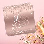 Porta-copo De Papel Quadrado Festa de aniversário Elegante Dourada Glitter 60th<br><div class="desc">Porta copos personalizada chic para sua 60ª festa de aniversário com "60 & Fabuloso" em um elegante script de caligrafia branca, um fundo de folha falsa rosa dourada e um brilho falho de ouro rosa. Perfeito para decoração de mesa que os convidados podem levar para casa como um favor do...</div>