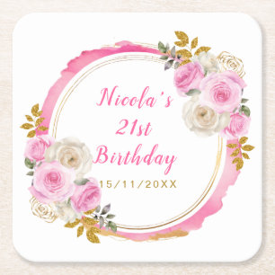 Porta-copo De Papel Quadrado Festa de Aniversário Elegante Flores Dourado Rosa 
