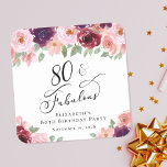 Porta-copo De Papel Quadrado Festa de aniversário Floral Elegante<br><div class="desc">Porta copos Elegante de festa de aniversário de 80 com "80 & Fabuloso" em um roteiro de caligrafia e buquês de aquarelas de flores vermelhas e cor-de-rosa borrifadas e pinceladas com verde-sábio.</div>