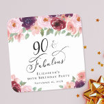 Porta-copo De Papel Quadrado Festa de aniversário Floral Elegante<br><div class="desc">Porta copos elegante para sua festa de aniversário 90 com "90 & Fabulosa" em um roteiro de caligrafia e buquês de aquarelas de borgundy vermelha e rosa-claro-rosado com verde-sábio.</div>