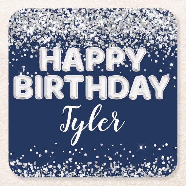 Porta-copo De Papel Quadrado Festa de aniversário marinho Blue Silver (Frente)