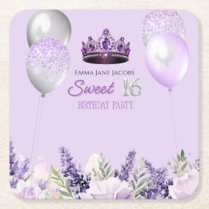 Porta-copo De Papel Quadrado Festa de aniversário Purple Sparkle Sweet 16