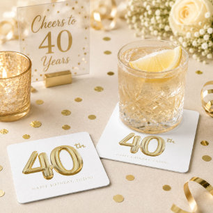 Porta-copo De Papel Quadrado Festa de Balão de Aniversário de 40 anos Dourado