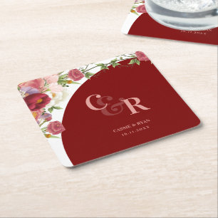 Porta-copo De Papel Quadrado Festa de casamento de Monograma Floral Elegante Bu