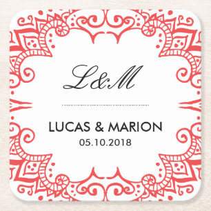 Porta-copo De Papel Quadrado Festa de casamento floral vermelha coral da arte