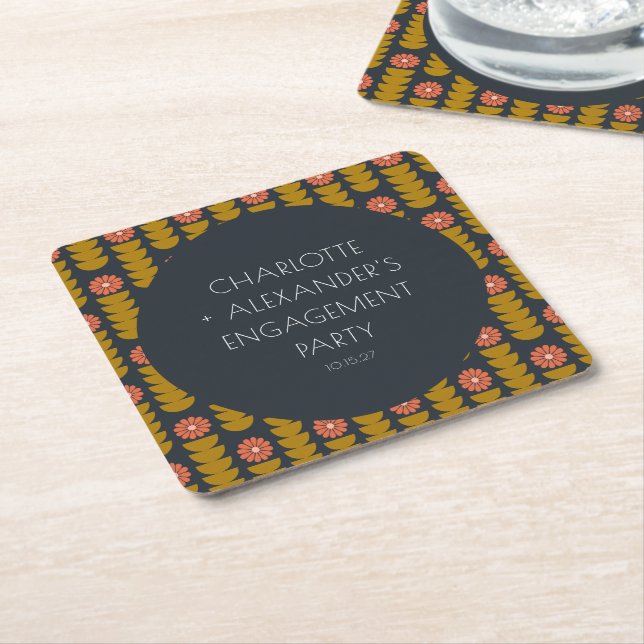 Porta-copo De Papel Quadrado Festa de Engajamento Personalizada Floral Retro Gr (Inclinado)