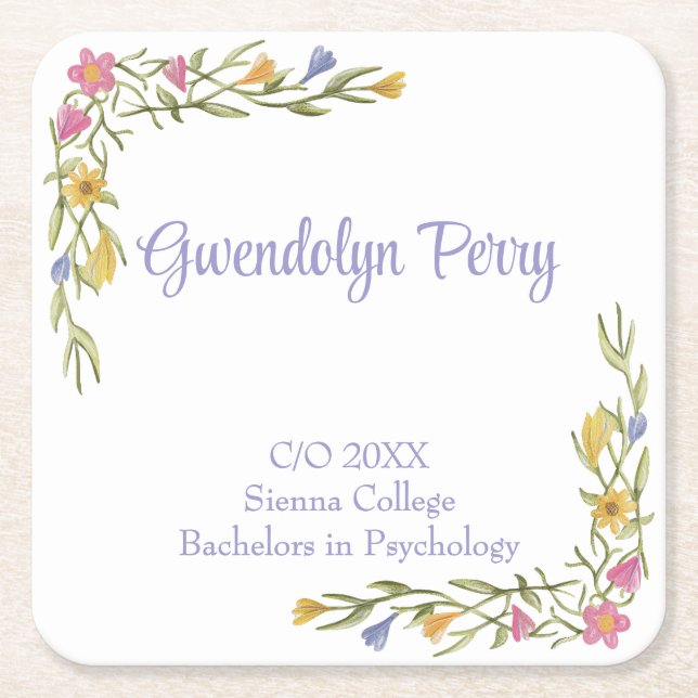 Porta-copo De Papel Quadrado Festa de Formandos Floral Boho (Frente)