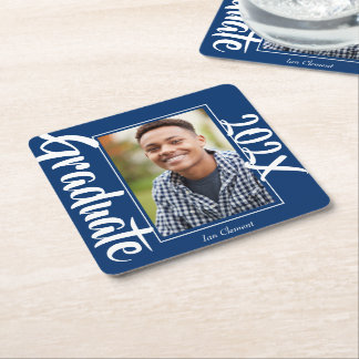 Porta-copo De Papel Quadrado Festa de Formatura Azul Personalizada com Foto