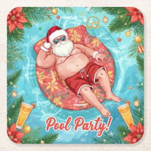 Porta-copo De Papel Quadrado Festa de Natal na Piscina com Papai Noel