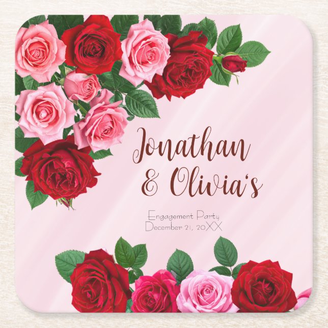 Porta-copo De Papel Quadrado Festa de Noivado de Rosas (Frente)