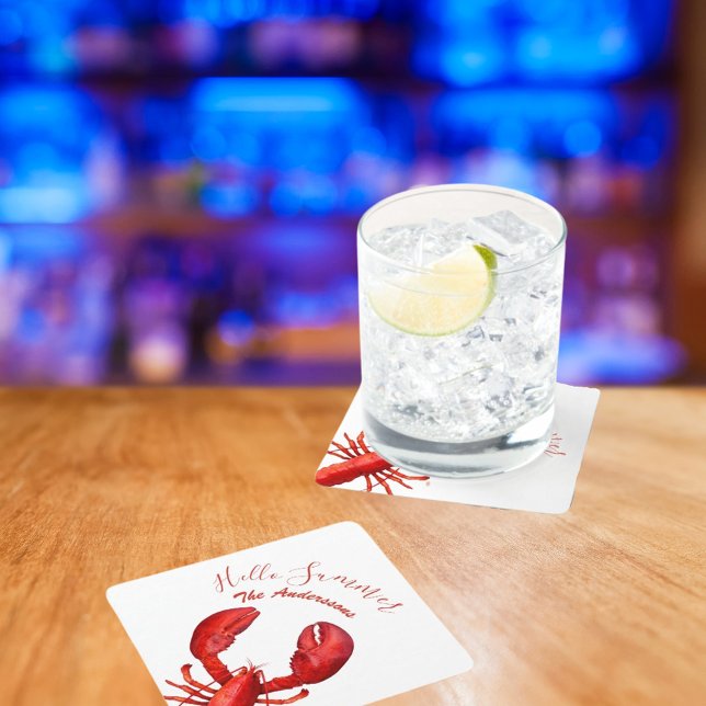 Porta-copo De Papel Quadrado Festa de nomes brancos de lagosta vermelha (Criador carregado)