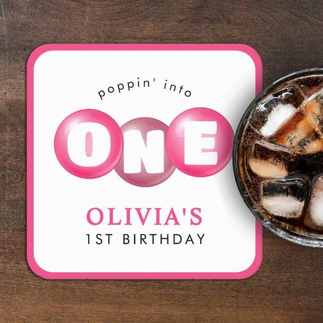 Porta-copo De Papel Quadrado Festa de primeiro aniversario de Menina Rosa-Rosa  (Criador carregado)